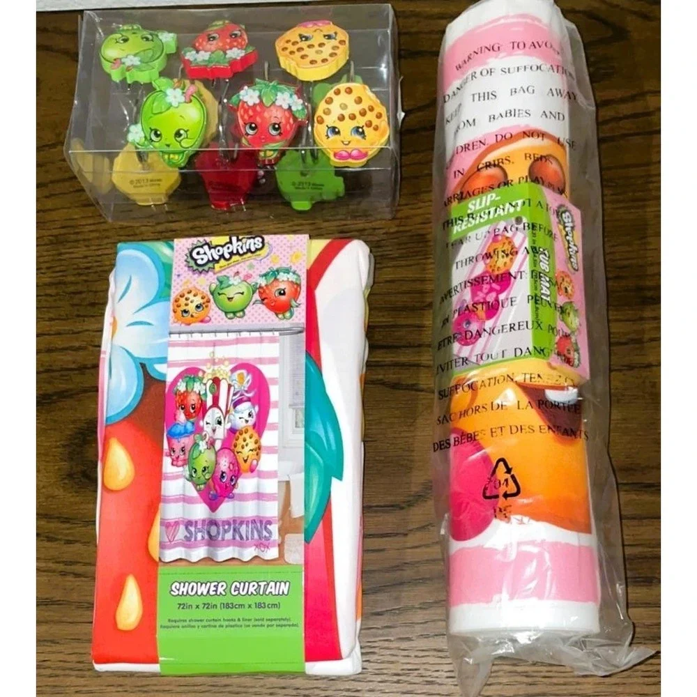 NEW Shopkins Shower Bath 3 pc Set t Shower Curtain Shower Rings Bath Mat